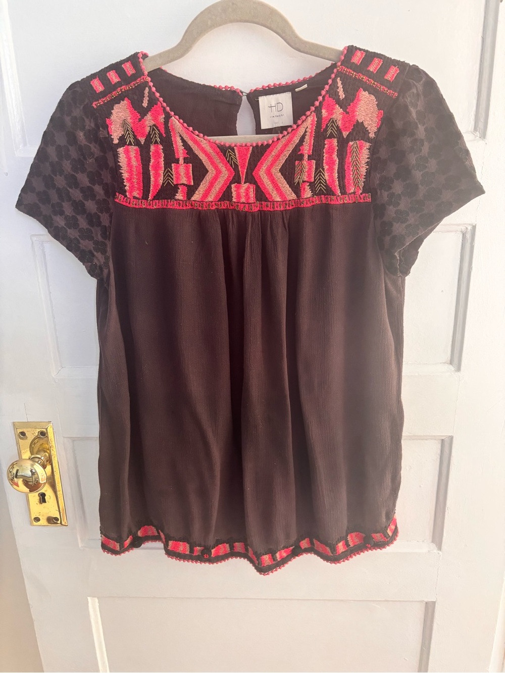 HD in Paris Black Short-Sleeve Blouse with Pink Embroidery